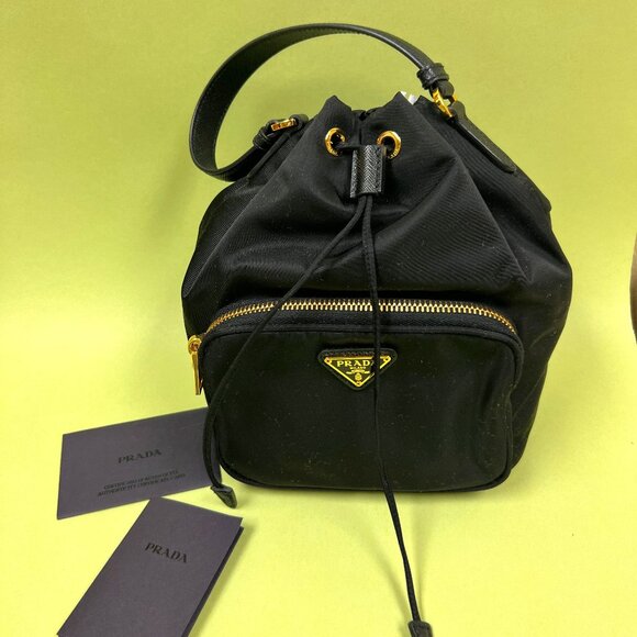 Prada Duet Drawstring Re-Nylon Bucket Bag Black - Picture 1 of 6